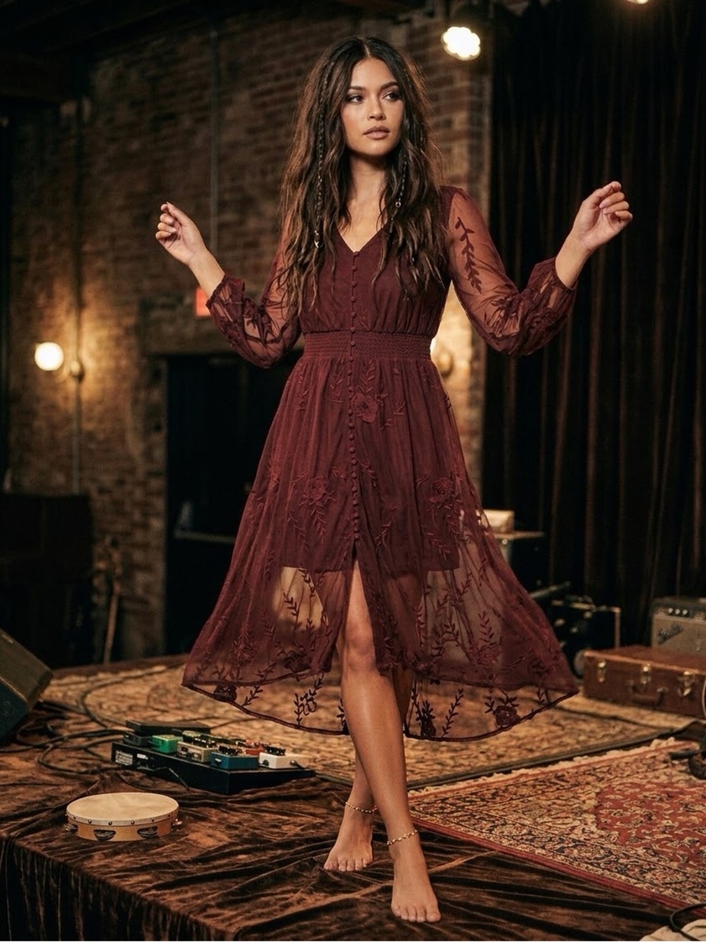 SHYANNE HILLSIDE FLORAL EMBROIDERED LONG SLEEVE BUTTON-DOWN MESH
MIDI size L